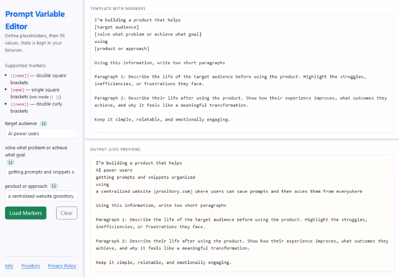 Screenshot of Online Prompt Variable Editor
